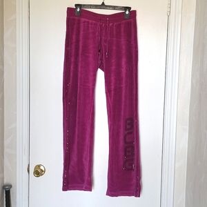 BCBG Velour Track Pants Joggers Sequined Pinstripe & Logo Y2K Flair Magenta Lrg
